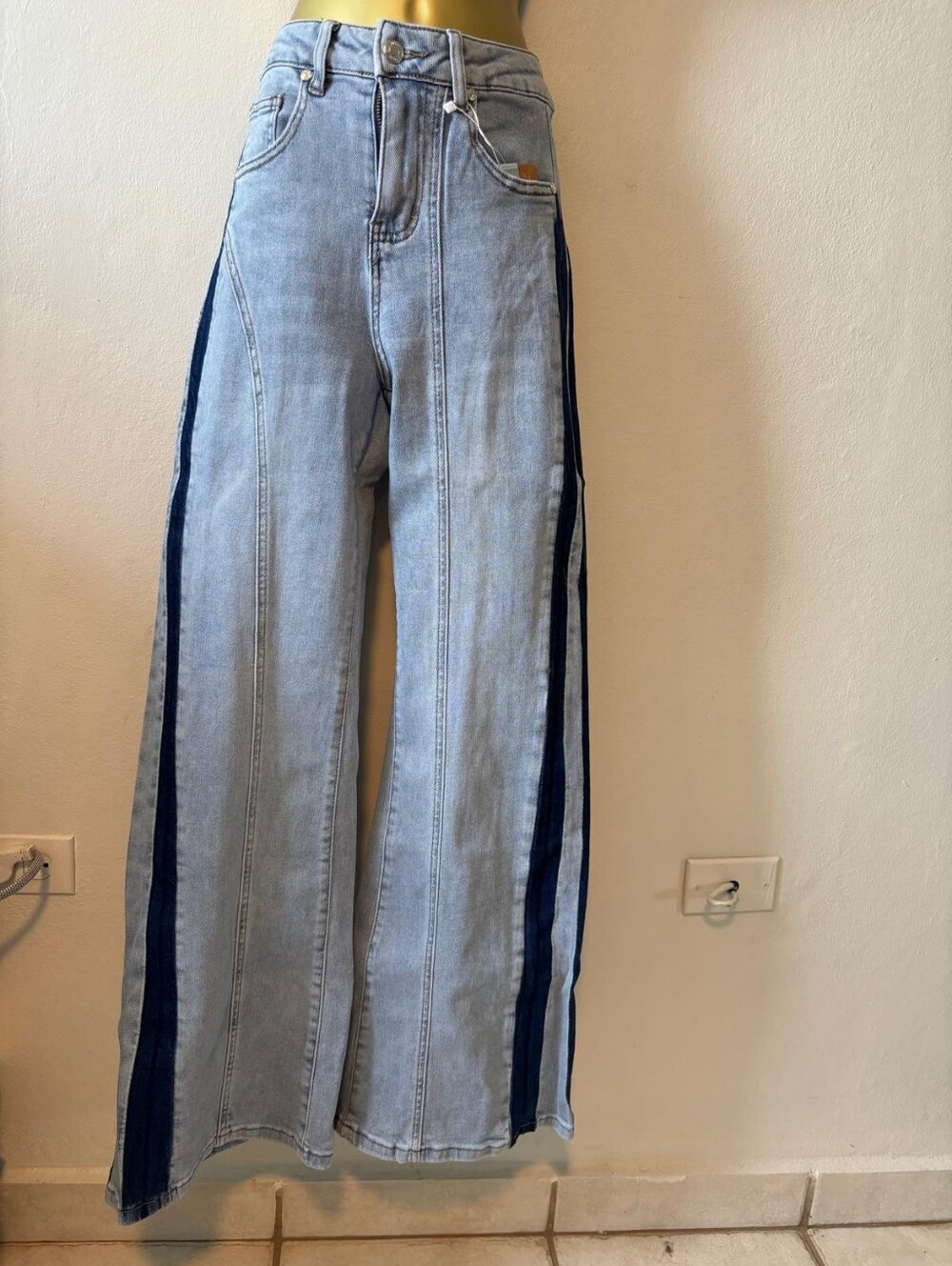Light Blue Wide Leg Jeans with Navy Side Stripe
